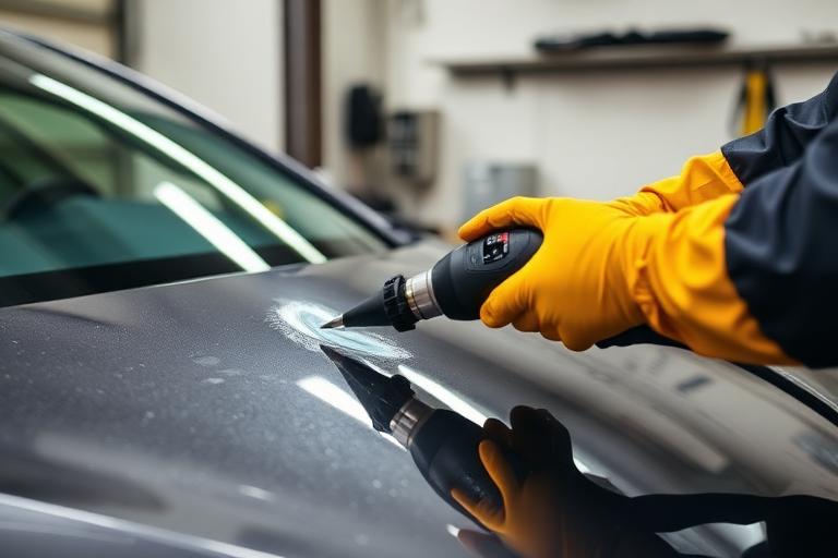 Technician performing paintless dent repair on a hail-damaged car