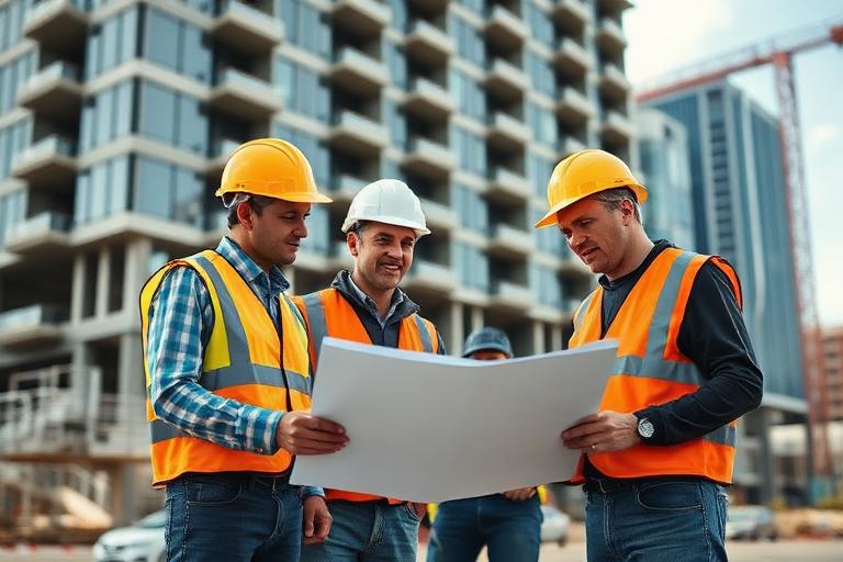 Commercial construction crew reviewing blueprints on site