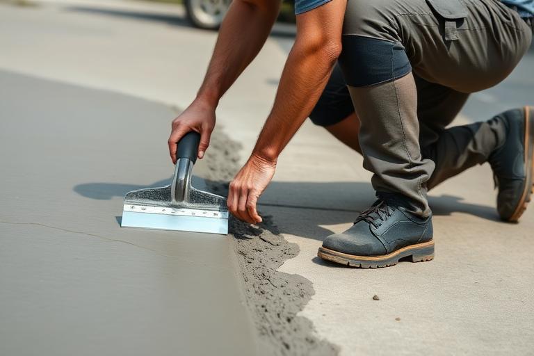 Concrete worker finishing a freshly poured driveway