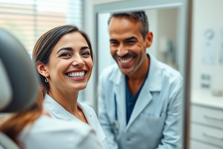 Cosmetic dentist showing a patient her new smile