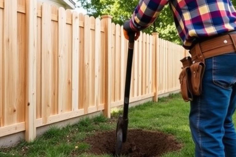 Fence installer setting a new wood privacy fence
