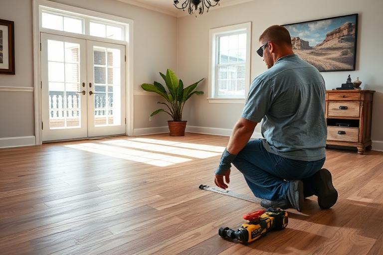 Flooring installer fitting hardwood planks in a living room