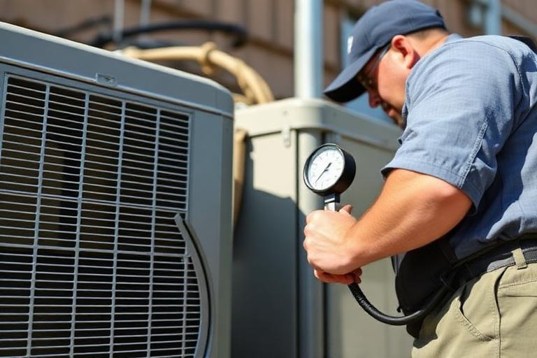 HVAC technician servicing an outdoor AC condenser