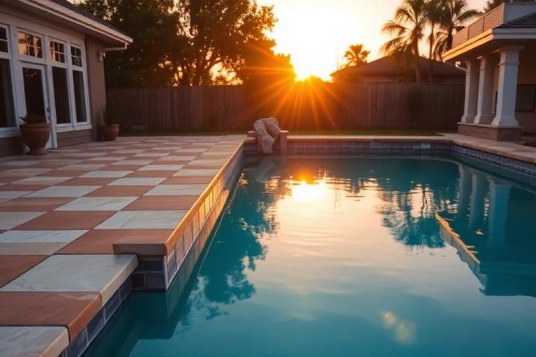 Newly built backyard swimming pool at sunset
