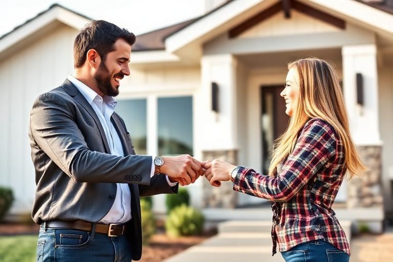 Real estate agent handing keys to a new homeowner couple