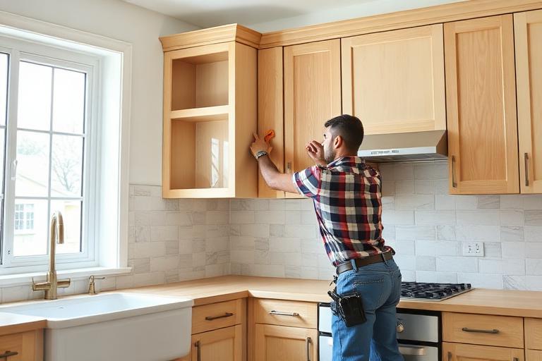 Remodeling contractor installing custom kitchen cabinets