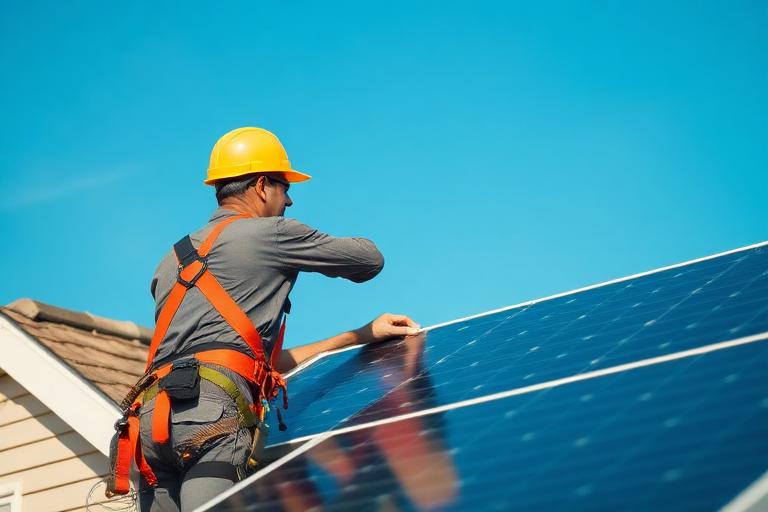 Solar installer mounting photovoltaic panels on a roof